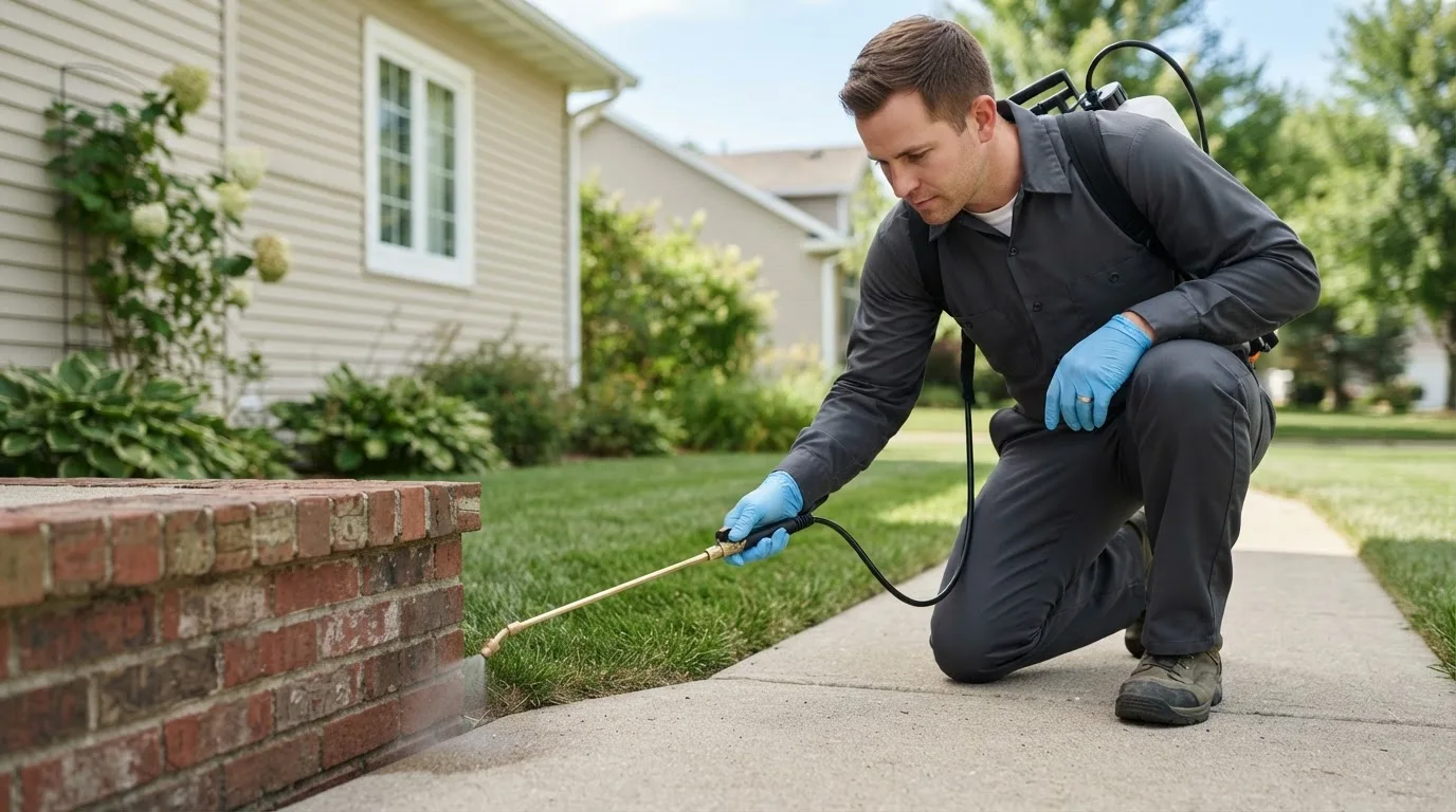 Pest control technician treating a home near Temperance, MI